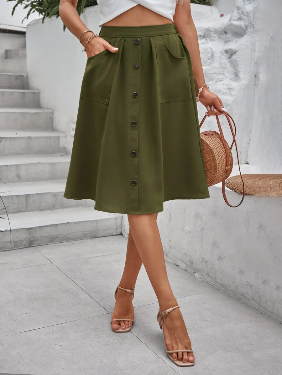 SHEIN Essnce Falda unicolor con botón delantero con parche de bolsillo - Verde militar - Ver 1