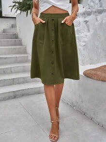 SHEIN Essnce Falda unicolor con botón delantero con parche de bolsillo - Verde militar - Ver 6