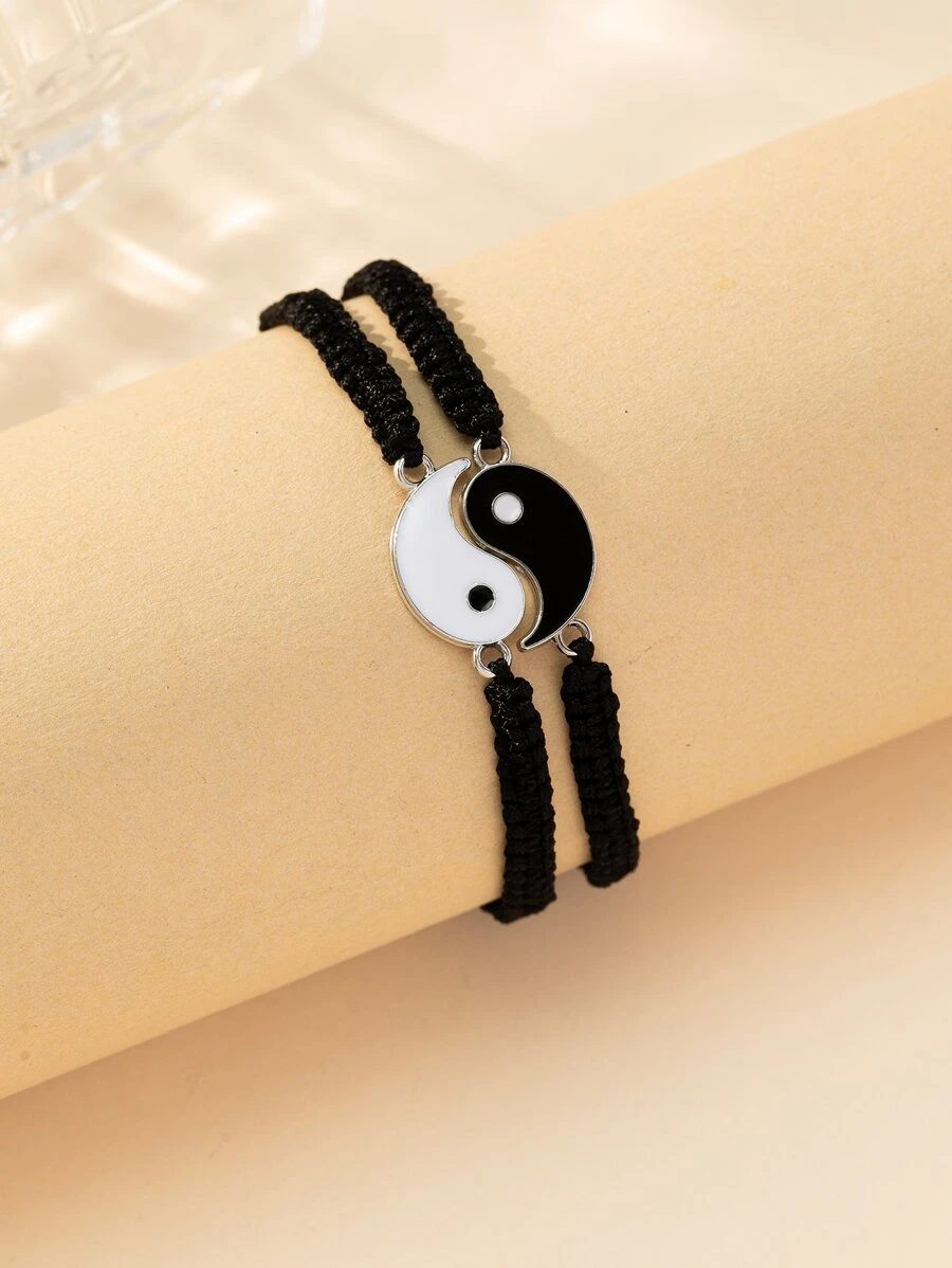 時尚流行2件套男士陰陽裝飾手鍊，適合珠寶禮物和時尚外觀 - 黑色 - 查看 1