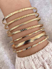 7入組/套紋理質感金屬手鐲 - 金黃色 - 查看 1