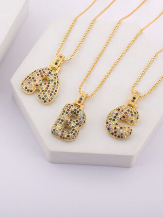 1入組方晶鋯石裝飾字母墜飾項鍊