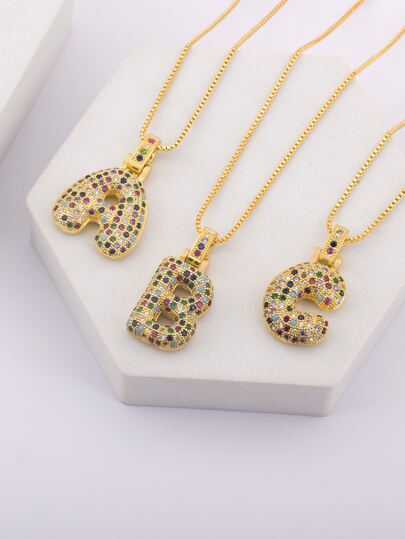 1入組方晶鋯石裝飾字母墜飾項鍊