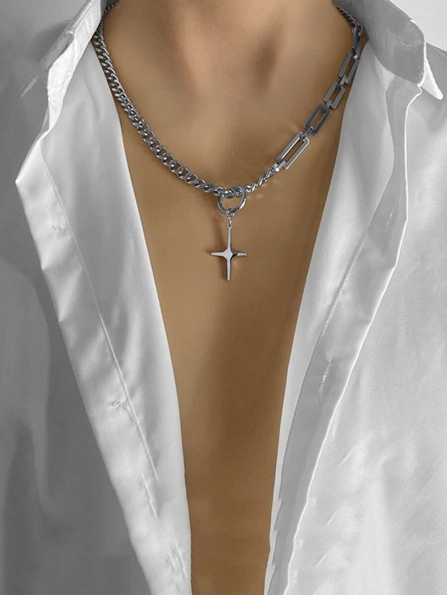 Men Star Charm OT Buckle Necklace - Silver - View 1