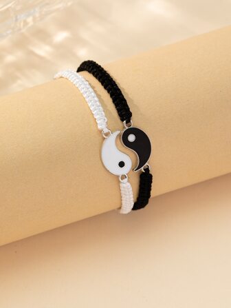 2pcs/Set Adjustable Cord Thread Yin Yang Matching Bracelet For Friendship Relationship Boyfriend Girlfriend Valentines Gift,Mom,Mother,Mother's Day,Gift