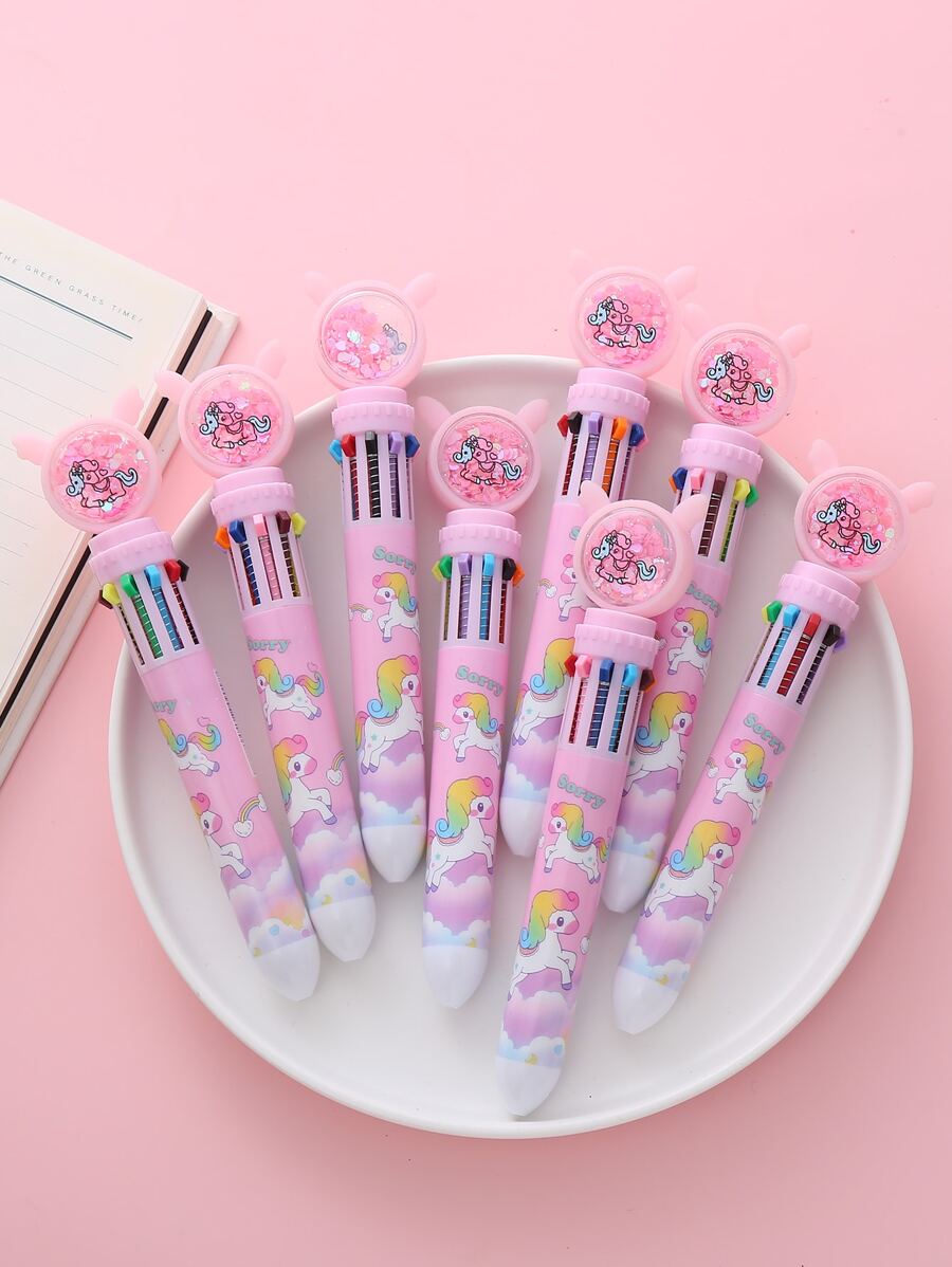 1pc Cute Unicorn Multicolor Ten-color Ballpoint Pen Cartoon Multicolor Ballpoint Pen 0.5mm Refill - Pink - View 1