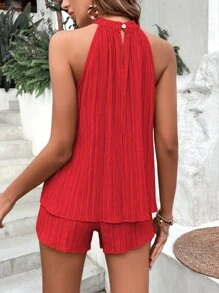 Breezaya 素色掛脖上衣和短褲 - 紅色 - 查看 2