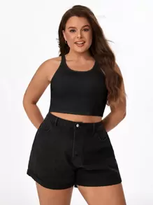 SHEIN BASICS Top Corto De Tirantes Sólido Plus - Negro - Ver 1