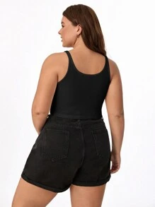 SHEIN BASICS Top Corto De Tirantes Sólido Plus - Negro - Ver 2