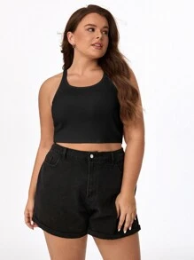 SHEIN BASICS Top Corto De Tirantes Sólido Plus - Negro - Ver 5