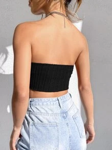 SHEIN EZwear Áo nữ Bất đối xứng Gân đan màu trơn Giải trí - màu đen - Xem 2