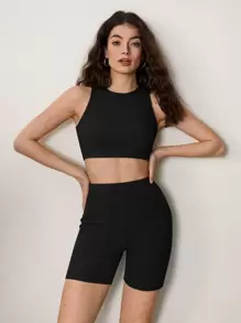 SHEIN BASICS Cotton Solid Crop Tank Top & Cycling Shorts - Black - View 1