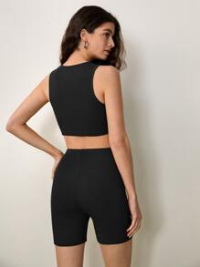 SHEIN BASICS Cotton Solid Crop Tank Top & Cycling Shorts - Black - View 2