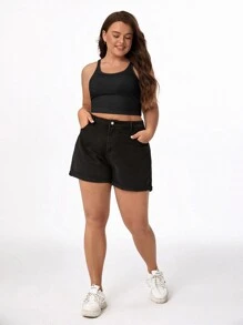 SHEIN BASICS Top Corto De Tirantes Sólido Plus - Negro - Ver 8