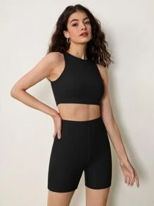 SHEIN BASICS Cotton Solid Crop Tank Top & Cycling Shorts - Black - View 4