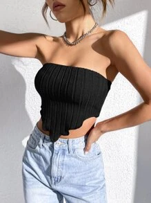 SHEIN EZwear Áo nữ Bất đối xứng Gân đan màu trơn Giải trí - màu đen - Xem 6