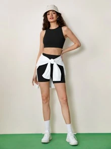 SHEIN BASICS Cotton Solid Crop Tank Top & Cycling Shorts - Black - View 7