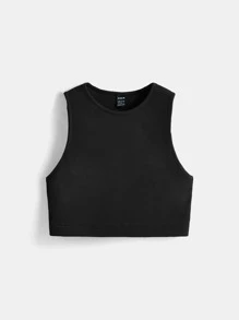 SHEIN BASICS Cotton Solid Crop Tank Top & Cycling Shorts - Black - View 8