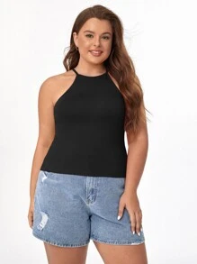 SHEIN BASICS Top Halter Sólido De La Talla Más Grande - Negro - Ver 3