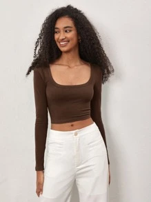 SHEIN BASICS Camiseta crop de cuello scoop - Marrón Chocolate - Ver 1