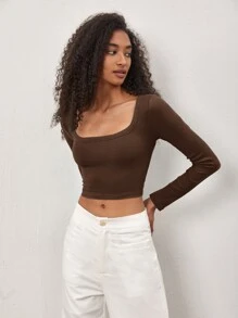SHEIN BASICS Camiseta crop de cuello scoop - Marrón Chocolate - Ver 3