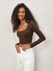 SHEIN BASICS Camiseta crop de cuello scoop - Marrón Chocolate - Ver 6