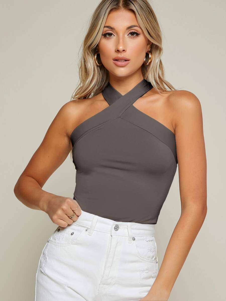 SHEIN BAE Solid Halter Top - Dark Grey - View 1