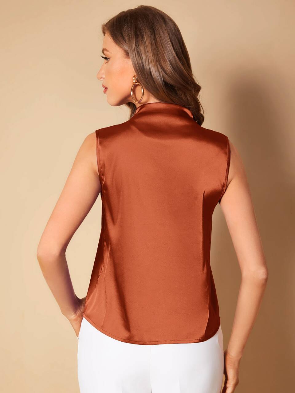 Solid V Neck Satin Sleeveless Blouse,Sleeveless Tops