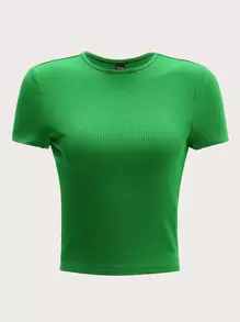 SHEIN EZwear Camiseta unicolor tejido de canalé - Verde - Ver 1