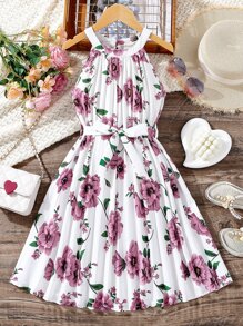 SHEIN Đầm Gái Xếp li Hoa Boho - trắng - Xem 1