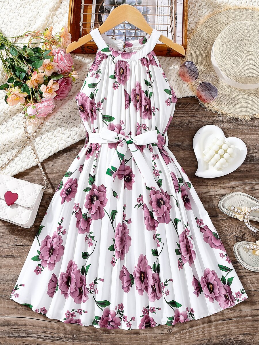 SHEIN Đầm Gái Xếp li Hoa Boho - trắng - Xem 1