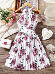 SHEIN Đầm Gái Xếp li Hoa Boho - trắng - Xem 2