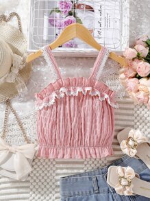 Chicas Top de tirantes con encaje en contraste ribete con fruncido - Rosa Pálido - Ver 1