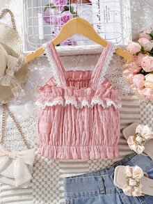 Chicas Top de tirantes con encaje en contraste ribete con fruncido - Rosa Pálido - Ver 2