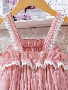 Chicas Top de tirantes con encaje en contraste ribete con fruncido - Rosa Pálido - Ver 4