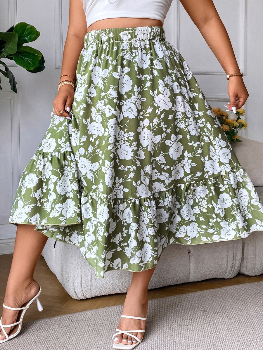SHEIN Clasi Plus Allover Floral Print Ruffle Hem Skirt - Green - View 1