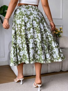 SHEIN Clasi Plus Allover Floral Print Ruffle Hem Skirt - Green - View 2