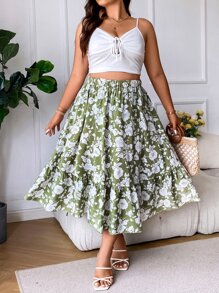 SHEIN Clasi Plus Allover Floral Print Ruffle Hem Skirt - Green - View 3