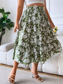 SHEIN Clasi Plus Allover Floral Print Ruffle Hem Skirt - Green - View 4