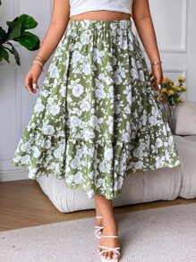 SHEIN Clasi Plus Allover Floral Print Ruffle Hem Skirt - Green - View 5
