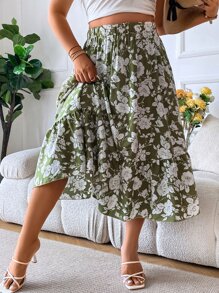SHEIN Clasi Plus Allover Floral Print Ruffle Hem Skirt - Green - View 6