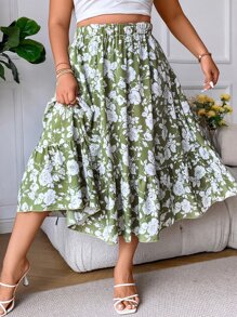 SHEIN Clasi Plus Allover Floral Print Ruffle Hem Skirt - Green - View 7