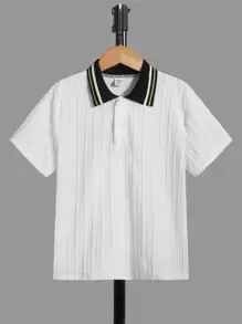 SHEIN 男孩條紋飾邊POLO衫