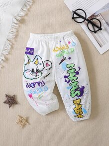 Bebé Pantalones deportivos con estampado de dibujos animados y letra - Blanco - Ver 1