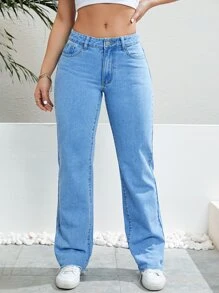 Slant Pocket Straight Leg Jeans - Light Wash - View 3