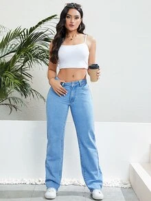 Slant Pocket Straight Leg Jeans - Light Wash - View 5