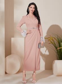 Modelyn Lapel Neck Contrast Lace Flounce Sleeve Wrap Dress Without Belt - Coral Pink - View 1