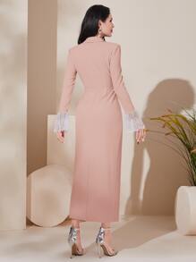 Modelyn Lapel Neck Contrast Lace Flounce Sleeve Wrap Dress Without Belt - Coral Pink - View 2