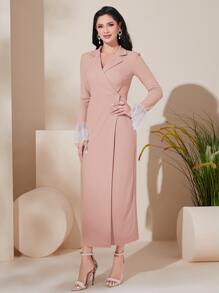 Modelyn Lapel Neck Contrast Lace Flounce Sleeve Wrap Dress Without Belt - Coral Pink - View 3