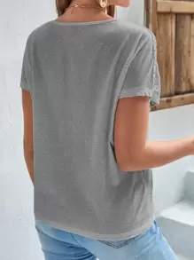 SHEIN Frenchy 蕾絲拼接蝙蝠袖T恤 - 灰色 - 查看 5