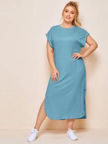 Mulvari Đầm Plus Size Chia màu trơn Giải trí - Màu xanh nhạt - Xem 1